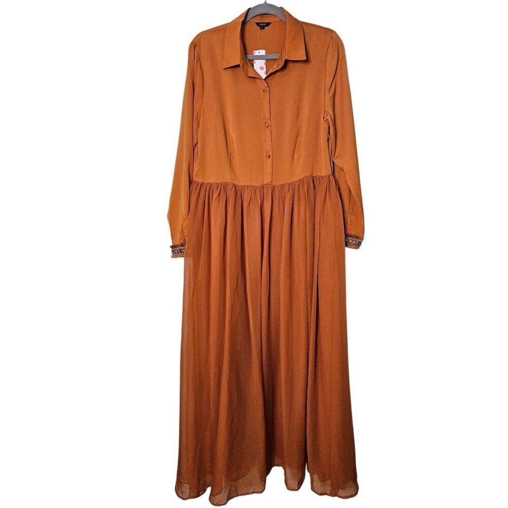 Floryday orange flowy maxi dress with gold belt and embellished cuffs. Size L. N